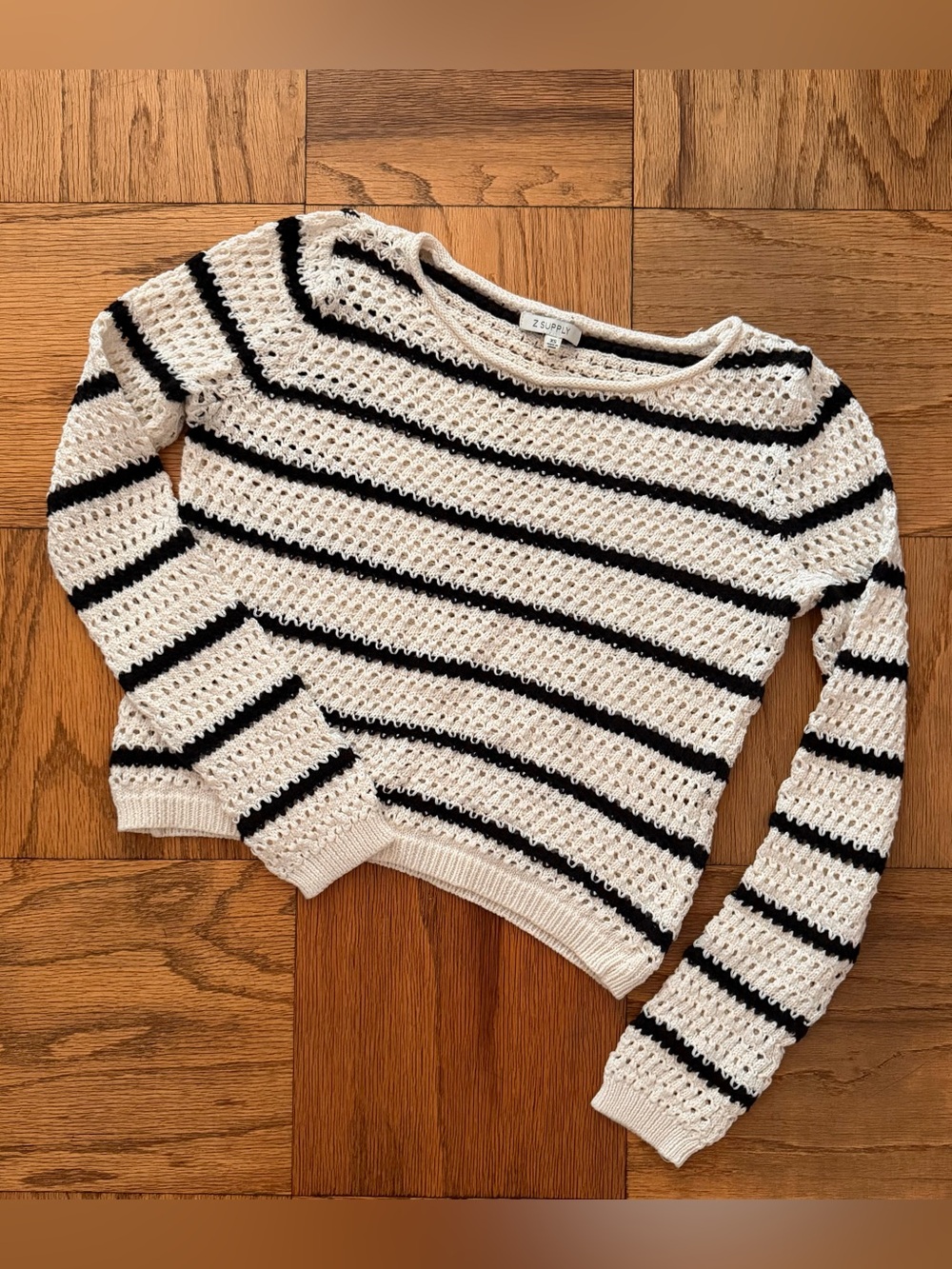 Z Supply Cream Open-Knit Sweater with Black Stripes
